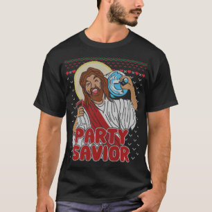 Camiseta Party Savior Jesus Christ Santa Beer Ugly Christma