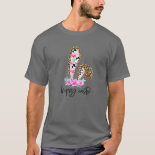 Camiseta Páscoa Alegre Orelhas de Coelho Leopardo Floral Fe