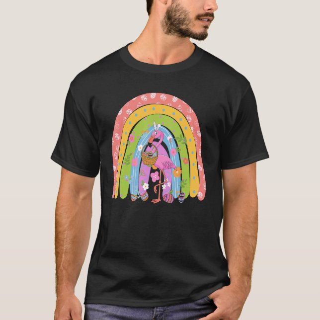 Camiseta Páscoa bonito Flamingo Rainbow Bunny com Páscoa B (Frente)