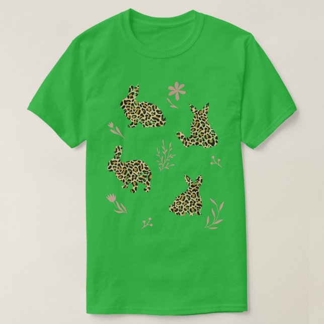 Camiseta Páscoa Bunny Leopard Padrões Pink Flores Meninas W (Frente do Design)