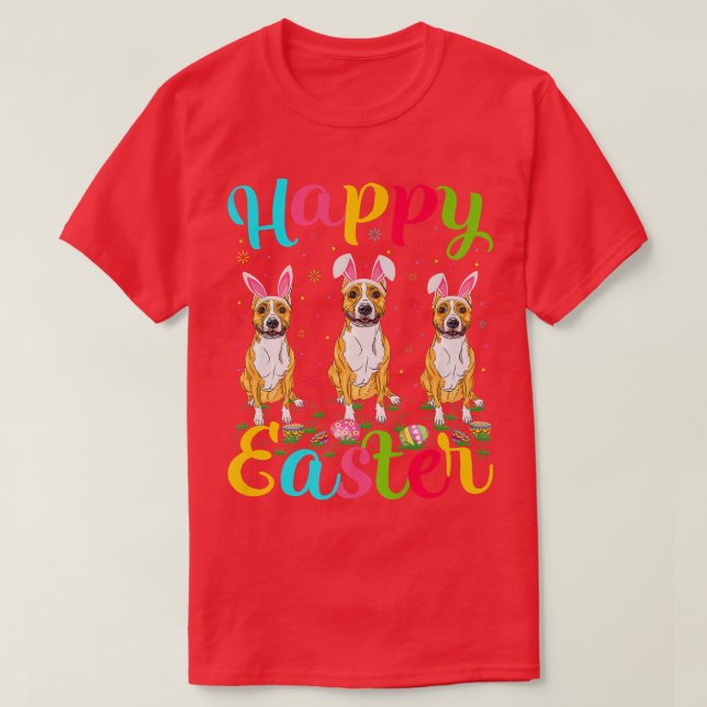 Camiseta Páscoa Bunny Staffordshire Bull Terrier Dog Ha (Frente do Design)