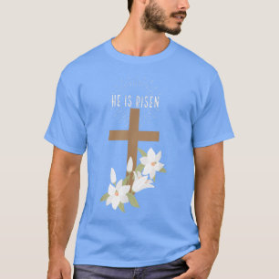 Camiseta Páscoa Christian Ele é Risen Jesus Feliz Cruz Flo