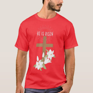 Camiseta Páscoa Christian Ele é Risen Jesus Feliz Cruz Flo