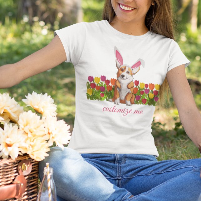 Camiseta Páscoa Corgi Bunny Ears Flores Fólias Fólias Fólia (Criador carregado)