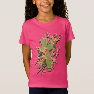 Camiseta Páscoa Cruz com Flores Rosa Camiseiros Rosa