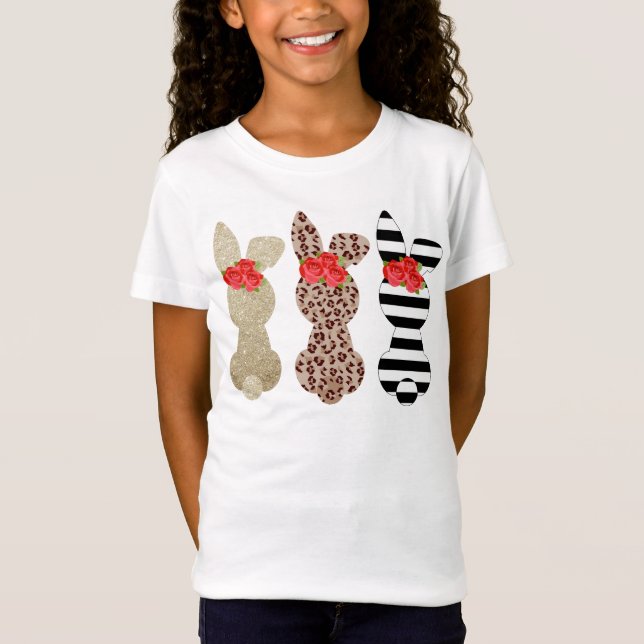 Camiseta Páscoa de coelho-leopardo Trio Garotas (Frente)