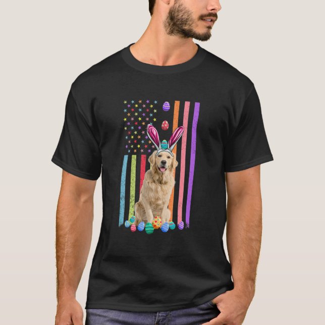 Camiseta Páscoa Dia Americano Ovos Bandeiras Ouro Cachorro  (Frente)