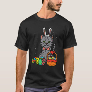 Camiseta Páscoa Dia Negro Gato Coelhinho Orelha Páscoa Cest