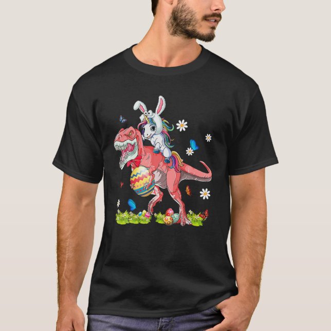 Camiseta Páscoa do Dinossauro Unicorn Andando TRex Bunny (Frente)