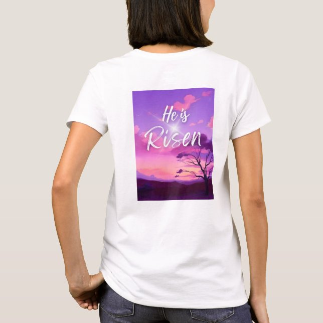 Camiseta Páscoa "Ele é Risen" Frente Cristã de Trás das Mul (Verso)