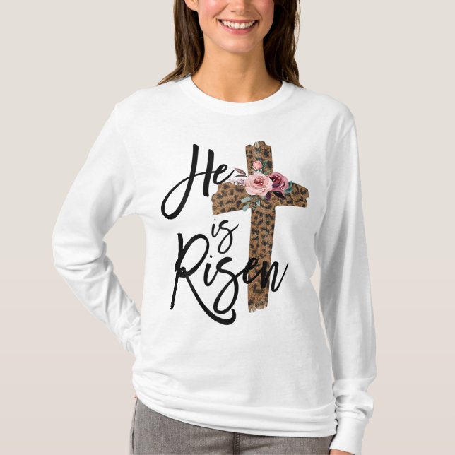 Camiseta Páscoa Ele é Risen Leopardo para Garota Cristã (Frente)