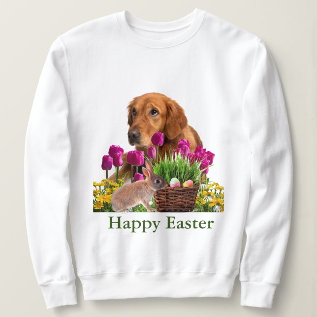Camiseta Páscoa Golden Retriever e Coelho Férias de Primave (Frente do Design)