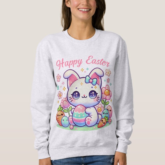 Camiseta Páscoa Kawaii Bonita, Camisola de Gato - Ouvidos C (Frente)
