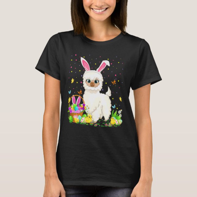 Camiseta Páscoa Llama Bunny Egg Caçando Páscoa Llama doming (Frente)