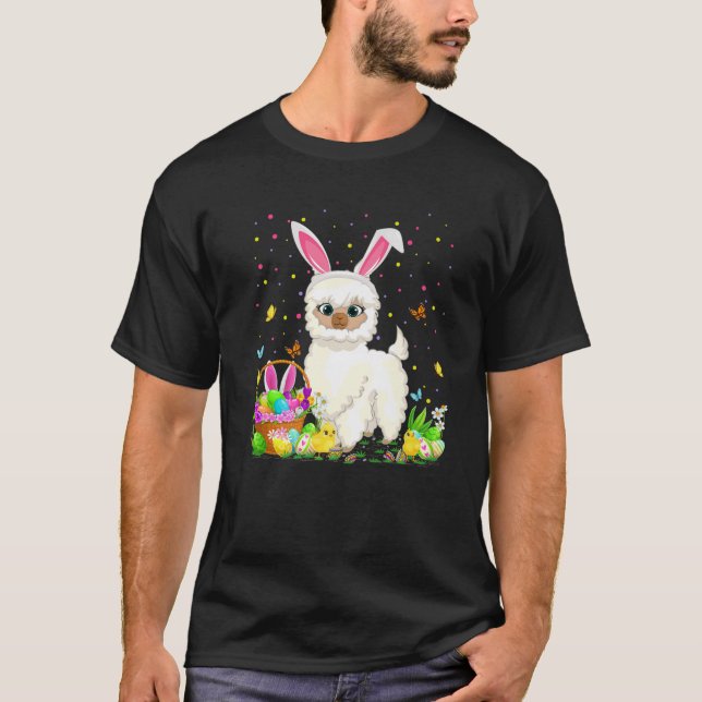 Camiseta Páscoa Llama Bunny Egg Caçando Páscoa Llama doming (Frente)