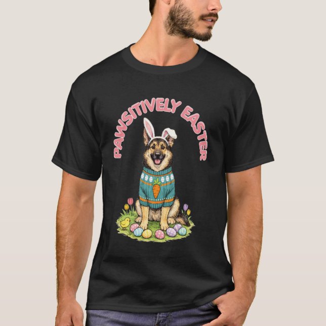 Camiseta Páscoa Pawsitively Pastor Alemão Orelhas de Coelho (Frente)