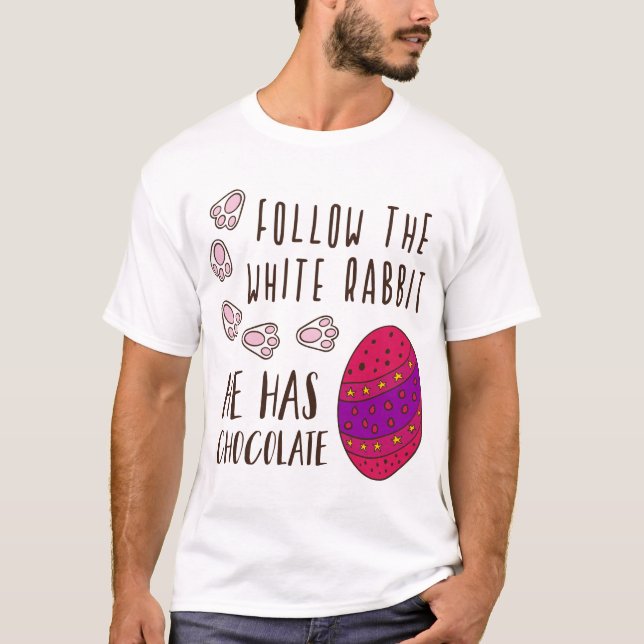 Camiseta Páscoa Segue O Coelho Branco Engraçado Humorado (Frente)