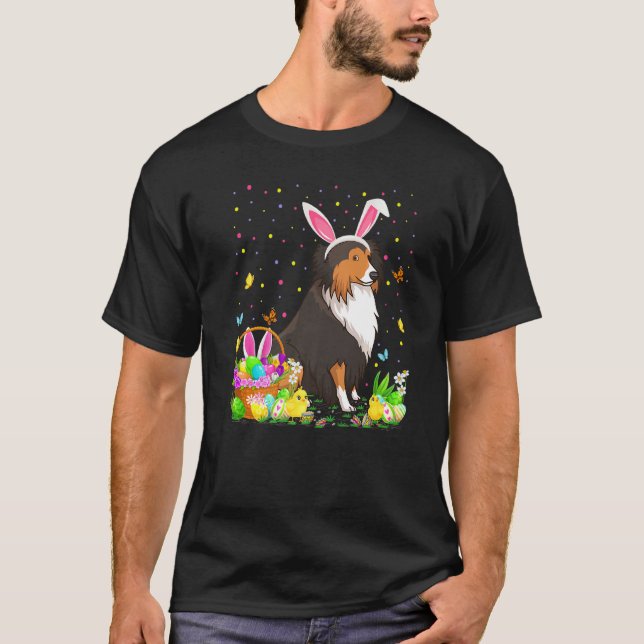 Camiseta Páscoa Sheltie Dog Bunny Ovo Caça Sheltie Easte (Frente)