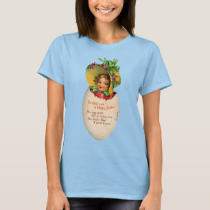 Camiseta Páscoa Vitoriana, Garota Antiga com Touca em Ovo