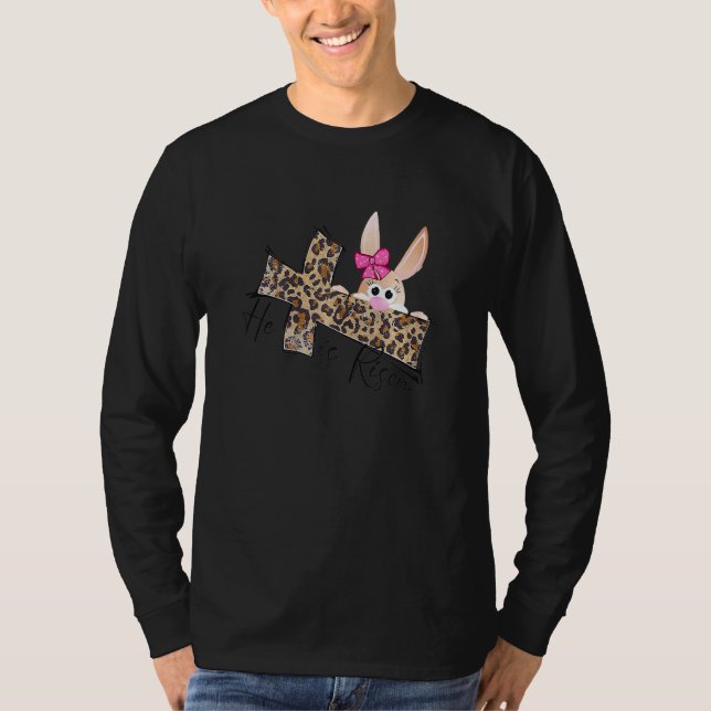 Camiseta Páscoas Cristãs Mãe Bunny Ele É Risen Leopa (Frente)