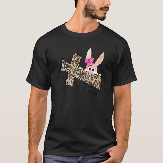 Camiseta Páscoas Cristãs Mãe Bunny Ele É Risen Leopa (Frente)