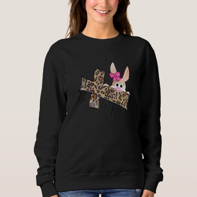 Camiseta Páscoas Cristãs Mãe Bunny Ele É Risen Leopa (Frente)