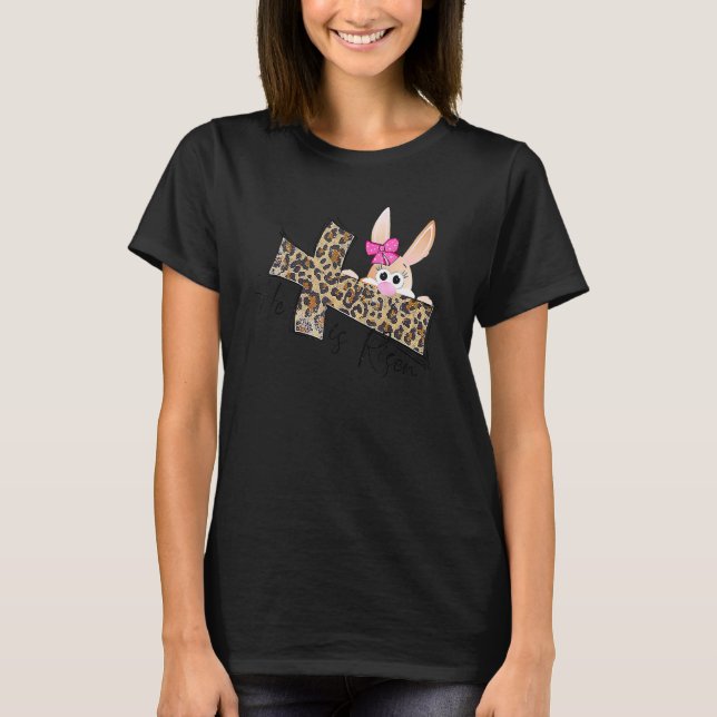 Camiseta Páscoas Cristãs Mãe Bunny Ele É Risen Leopa (Frente)