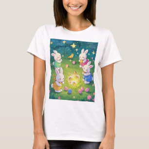 Camiseta Páscoas de cartoon escondendo ovos em um jardim