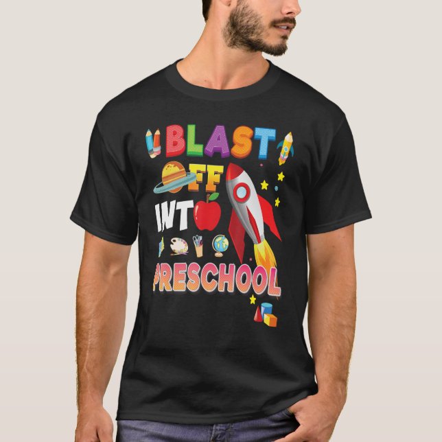 Camiseta Passar Para O Foguete Da Pré-Escola De Volta Para  (Frente)