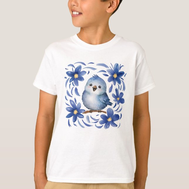 Camiseta Pássaro Azul com flores (Frente)
