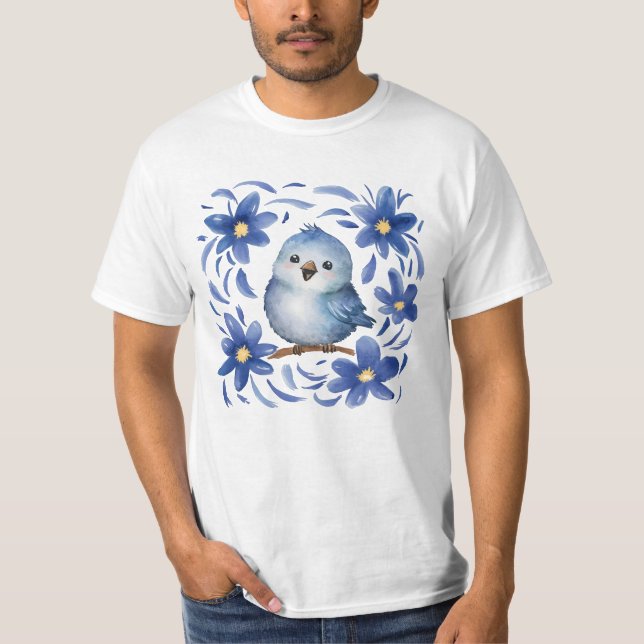 Camiseta Pássaro Azul com flores (Frente)