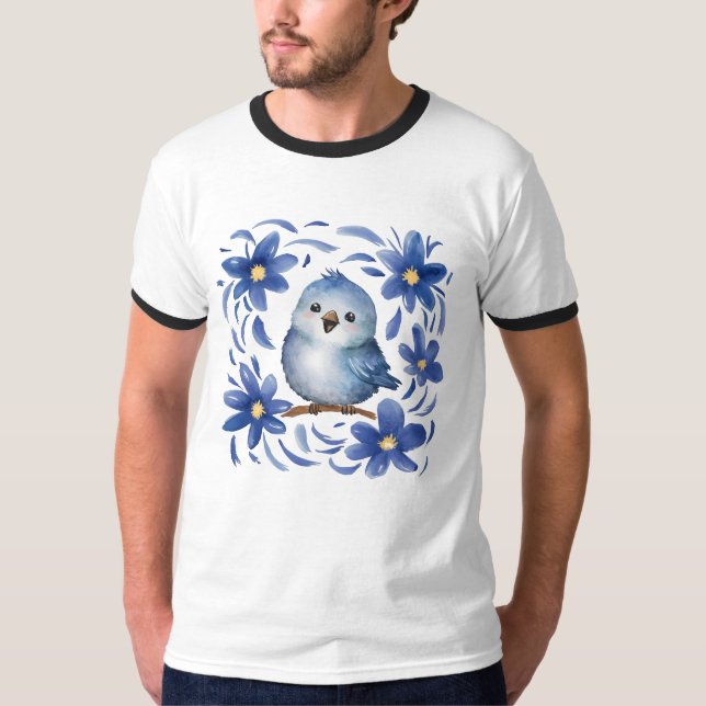Camiseta Pássaro Azul com flores (Frente)