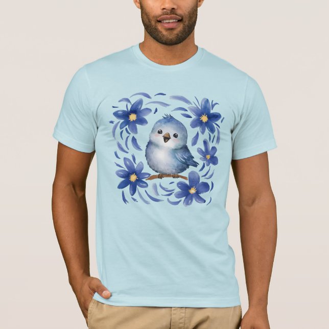 Camiseta Pássaro Azul com flores (Frente)