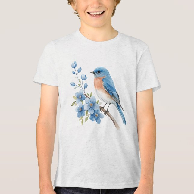 Camiseta Pássaro azul com flores azuis (Frente)