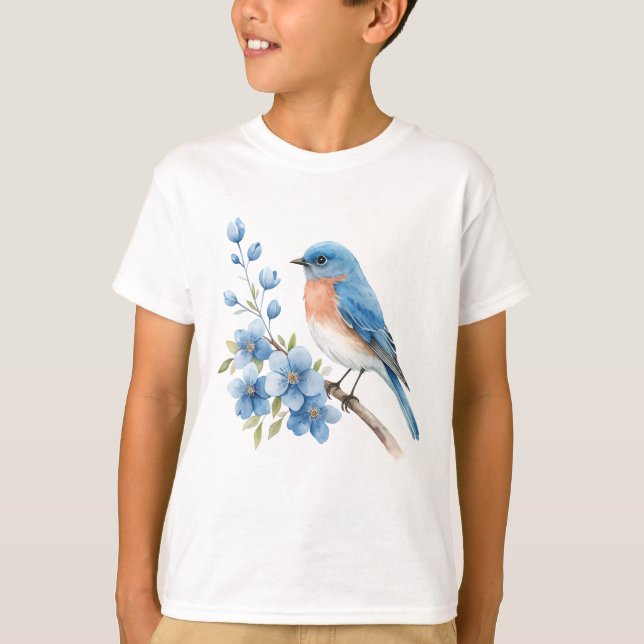 Camiseta Pássaro azul com flores azuis (Frente)