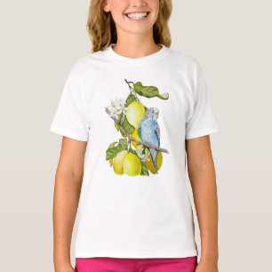 Camiseta Pássaro Azul Entre Romãs Aquarela Botânica