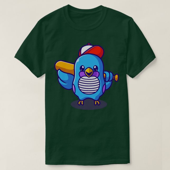 Camiseta Pássaro Bonito Com Chapéu Segurando Cartoon De Bat (Frente do Design)
