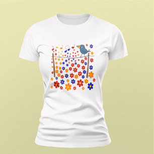Camiseta Pássaro Cantante Cercado por Notas de Música e Flo