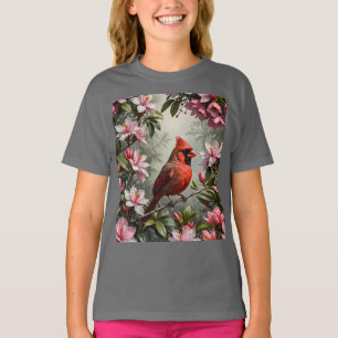 Camiseta Pássaro Cardinal do Norte Rodeado por Rhododendron