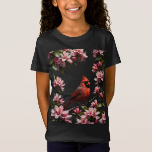 Camiseta Pássaro Cardinal E Flores Rosa