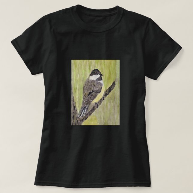 Camiseta Pássaro Chickadee de casaco preto - pintura acríli (Frente do Design)
