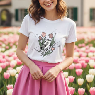 Camiseta Pássaro com flor de Tulipa Floral Botânico Minimal