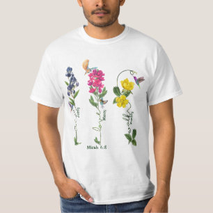 Camiseta Pássaro Com Justiça Flor Ama Compaixão E Caminha J