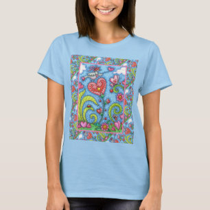 CAMISETA PÁSSARO DE ARTE DE FOLHAS, NAMORADOS CORAÇÃO JARDI