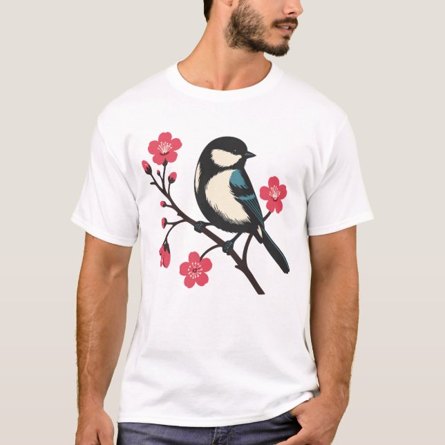 Camiseta Pássaro de Flor Cerejeira - Arte da Serenidade Pri (Frente)
