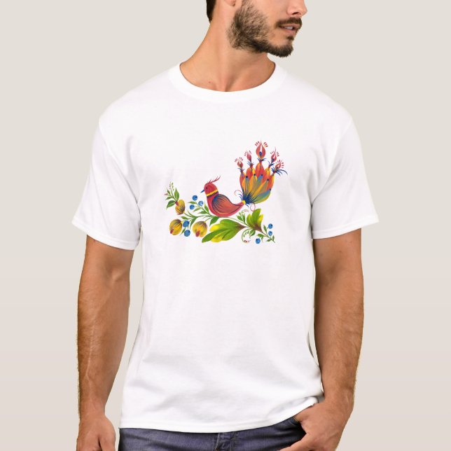 Camiseta Pássaro Decorativo com Flores & Frutas (Frente)