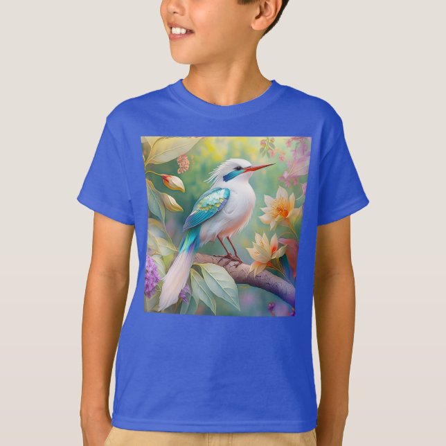 Camiseta Pássaro Fantasia Branca, Iridescente, Teal Wing (Frente)