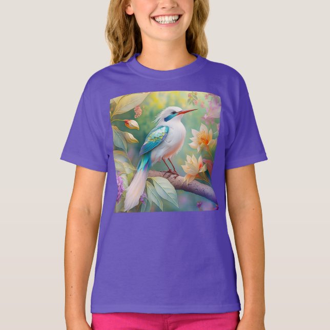 Camiseta Pássaro Fantasia Branca, Iridescente, Teal Wing (Frente)