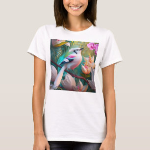 Camiseta Pássaro Fantasia com Crista Branca e Peito Rosado