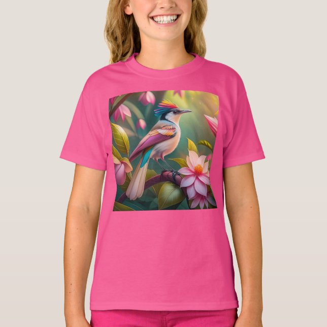 Camiseta Pássaro Fantasia de Jay com Crista de Arco-íris (Frente)